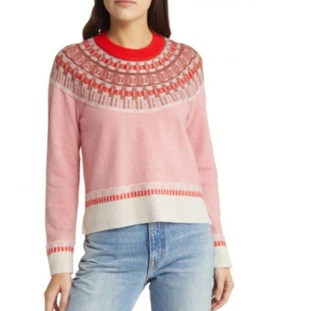 Size XS Madewell Fair Isle Mayer Pullover Sweater in Pink and Red Wool Blend